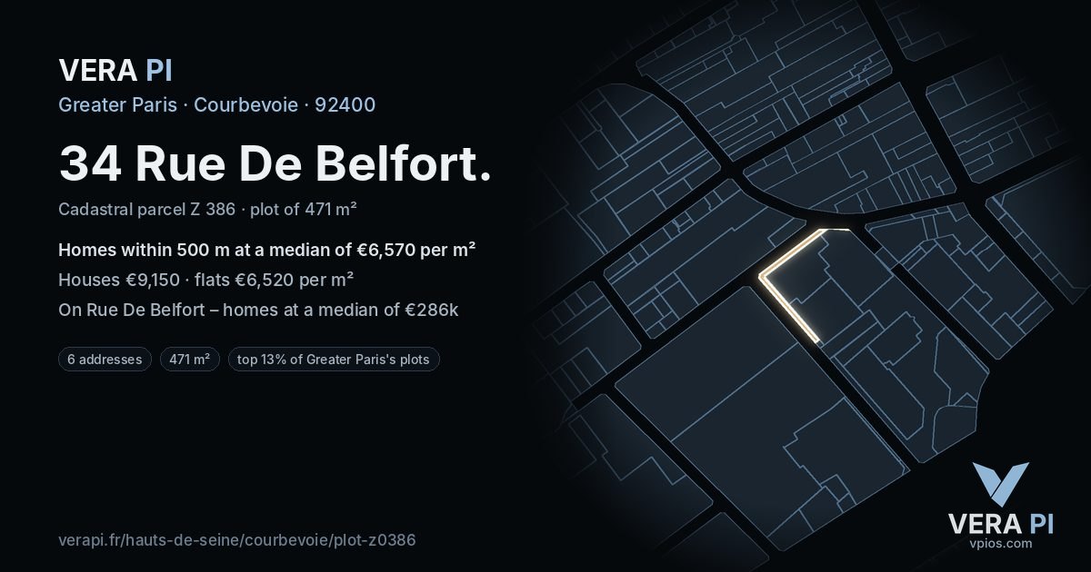 34 Rue De Belfort, Courbevoie at night – the plot lit, the parcels around coloured by the prices near them