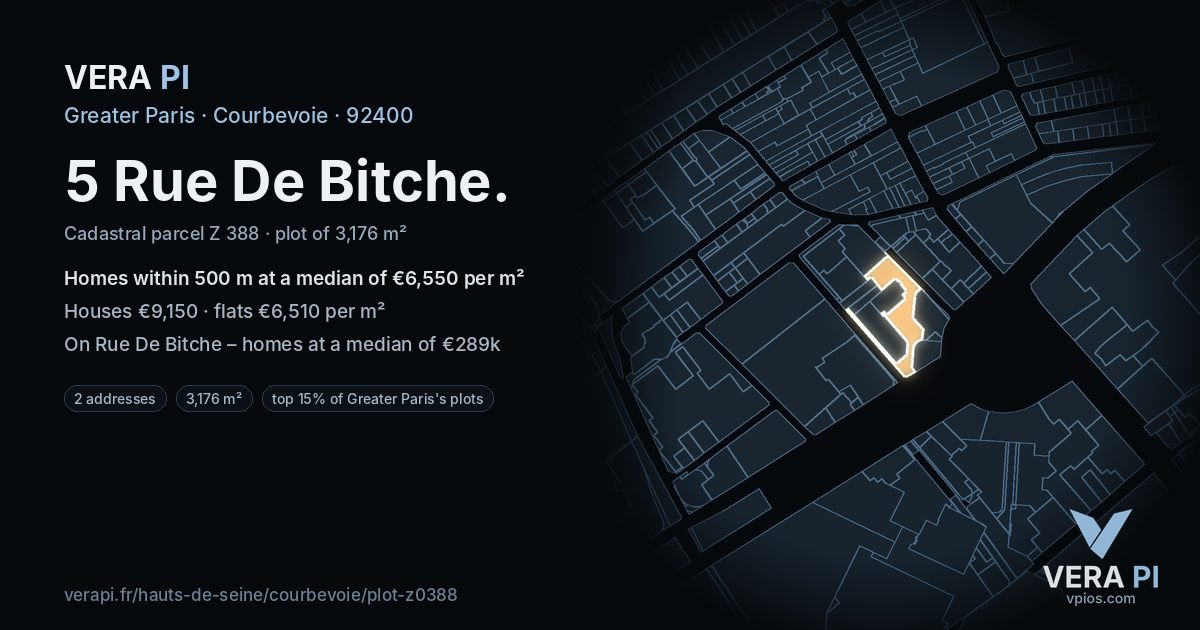 5 Rue De Bitche, Courbevoie at night – the plot lit, the parcels around coloured by the prices near them