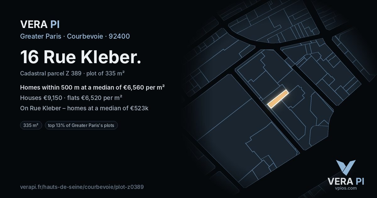16 Rue Kleber, Courbevoie at night – the plot lit, the parcels around coloured by the prices near them