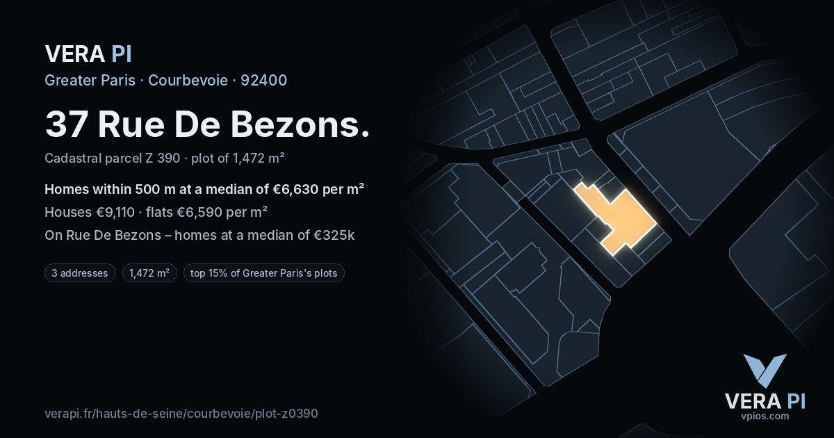 37 Rue De Bezons, Courbevoie at night – the plot lit, the parcels around coloured by the prices near them