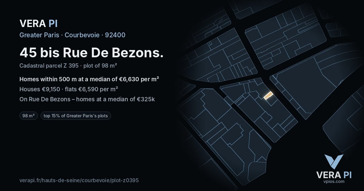 45 bis Rue De Bezons, Courbevoie at night – the plot lit, the parcels around coloured by the prices near them