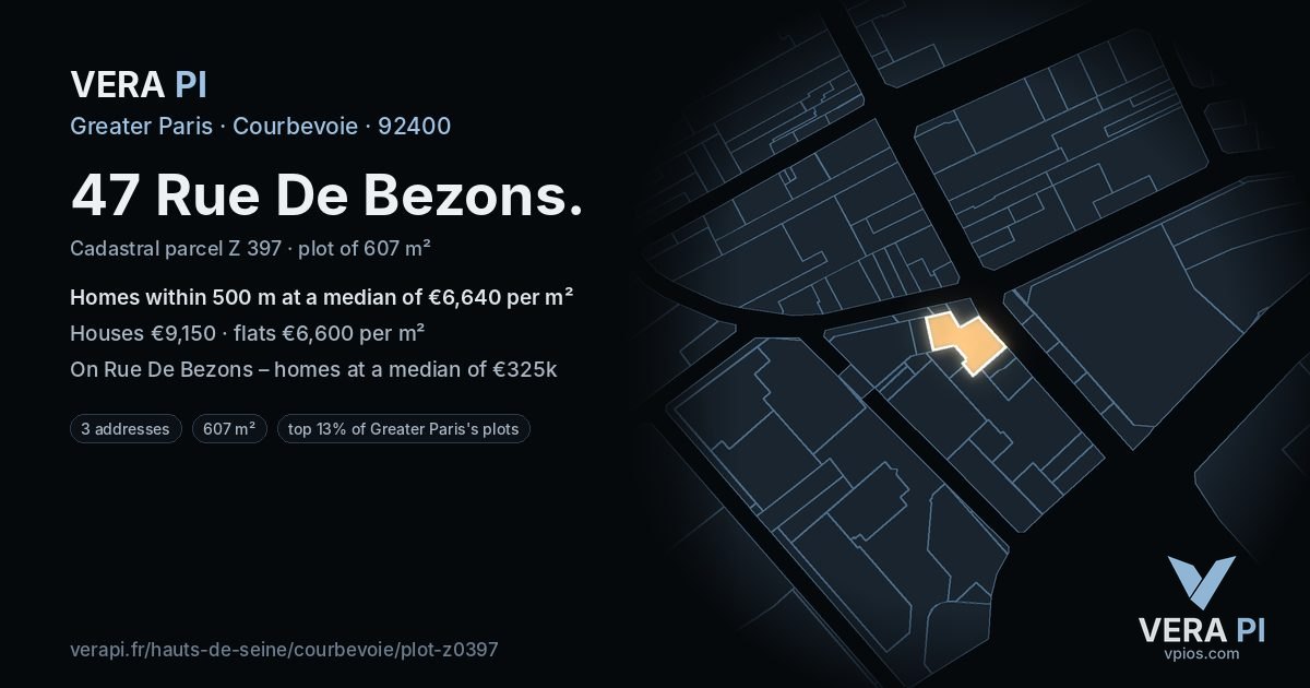 47 Rue De Bezons, Courbevoie at night – the plot lit, the parcels around coloured by the prices near them