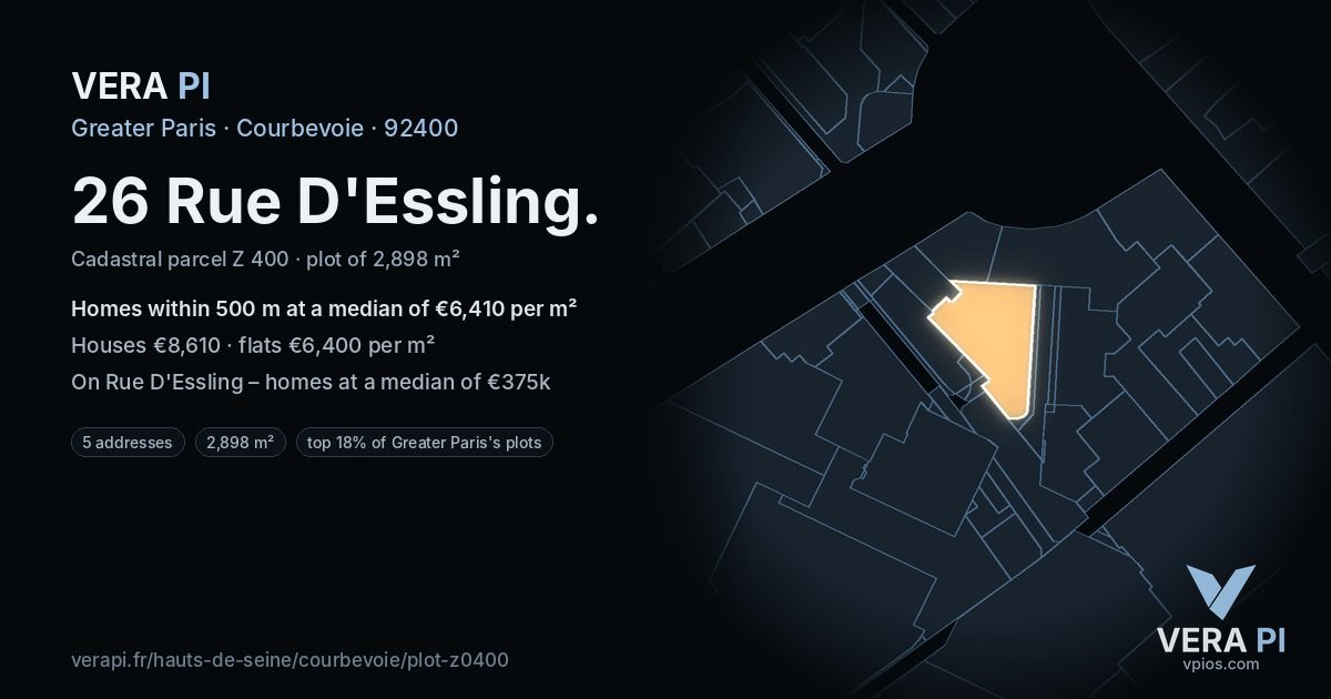 26 Rue D'Essling, Courbevoie at night – the plot lit, the parcels around coloured by the prices near them