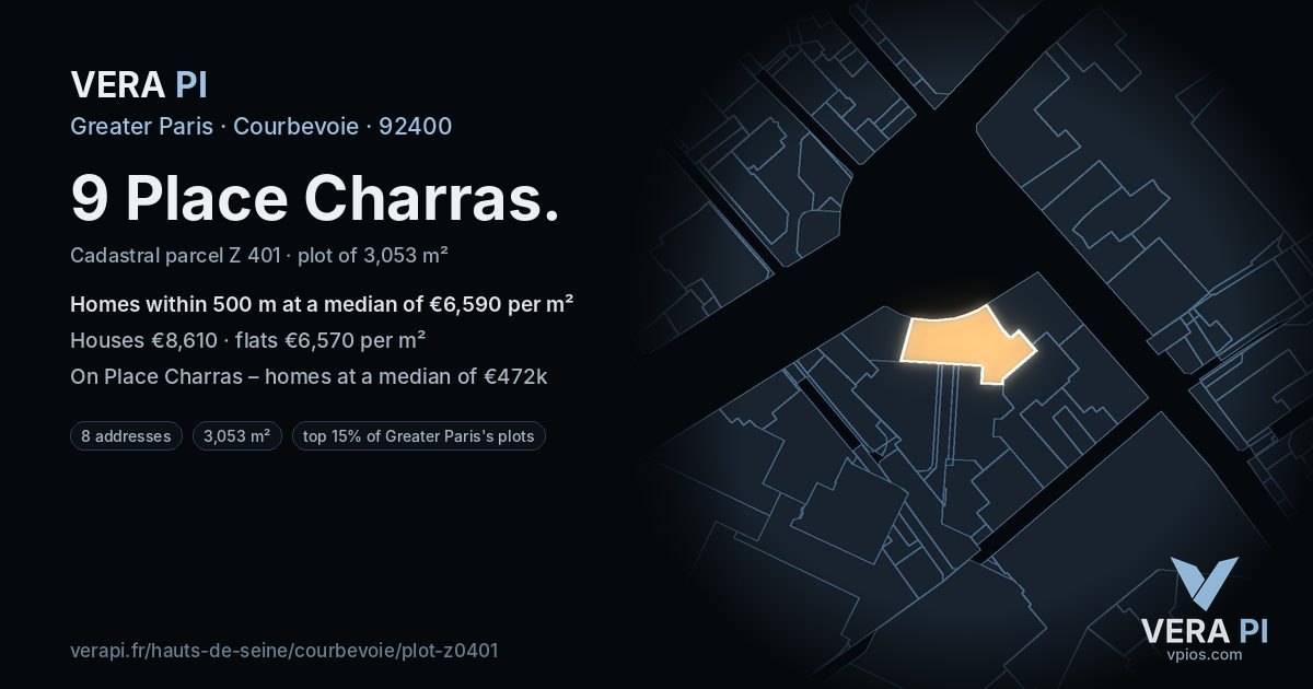 9 Place Charras, Courbevoie at night – the plot lit, the parcels around coloured by the prices near them