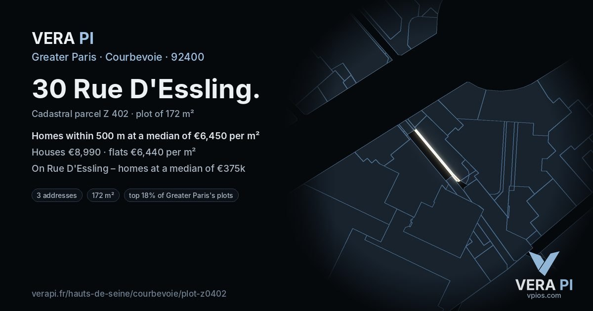 30 Rue D'Essling, Courbevoie at night – the plot lit, the parcels around coloured by the prices near them
