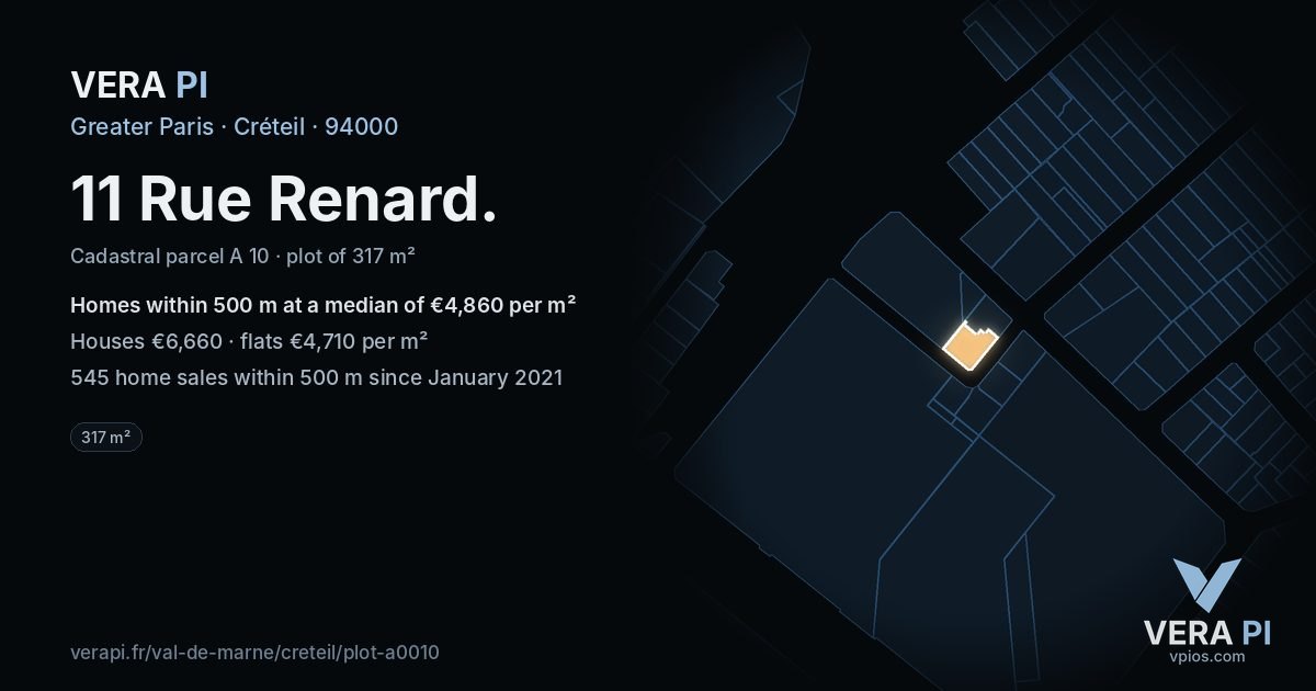 11 Rue Renard, Créteil at night – the plot lit, the parcels around coloured by the prices near them