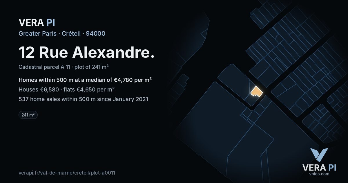 12 Rue Alexandre, Créteil at night – the plot lit, the parcels around coloured by the prices near them