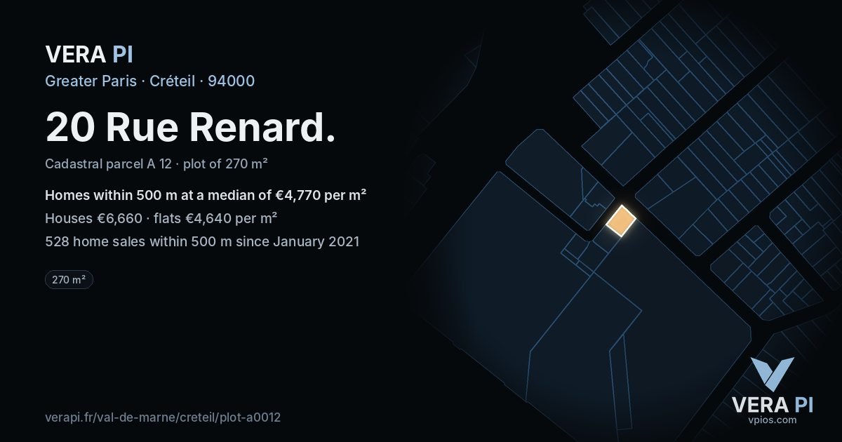 20 Rue Renard, Créteil at night – the plot lit, the parcels around coloured by the prices near them