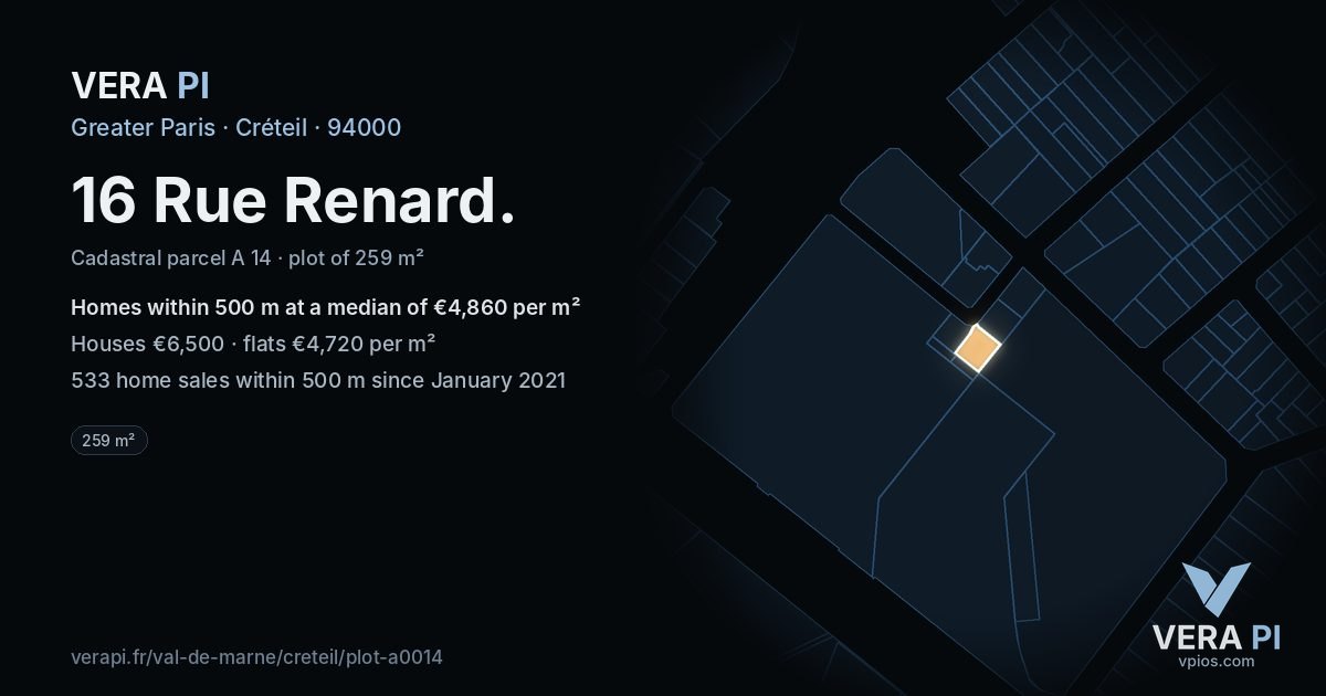 16 Rue Renard, Créteil at night – the plot lit, the parcels around coloured by the prices near them
