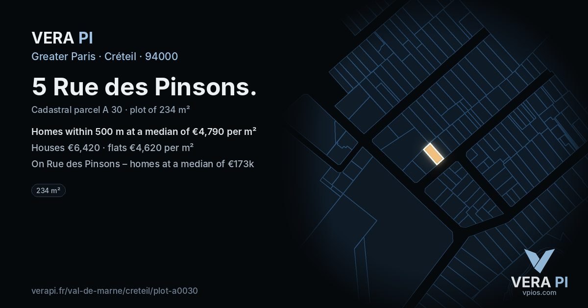5 Rue des Pinsons, Créteil at night – the plot lit, the parcels around coloured by the prices near them