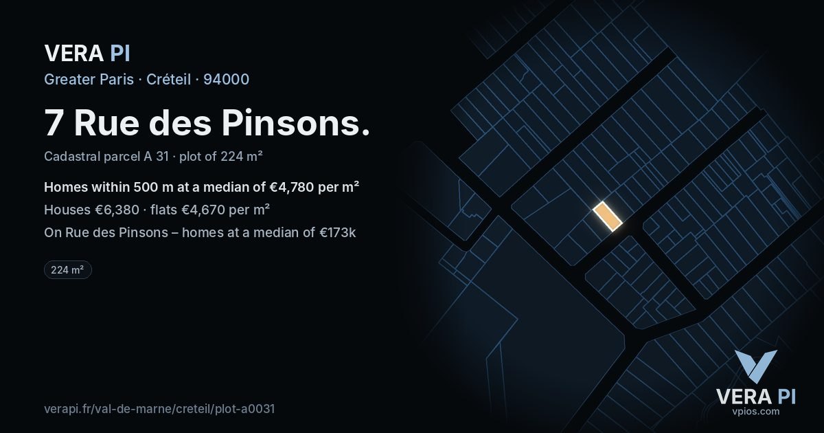7 Rue des Pinsons, Créteil at night – the plot lit, the parcels around coloured by the prices near them