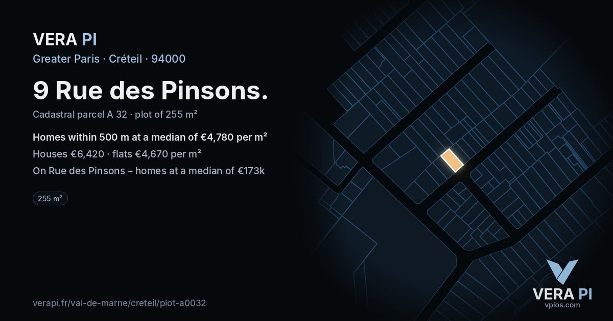 9 Rue des Pinsons, Créteil at night – the plot lit, the parcels around coloured by the prices near them