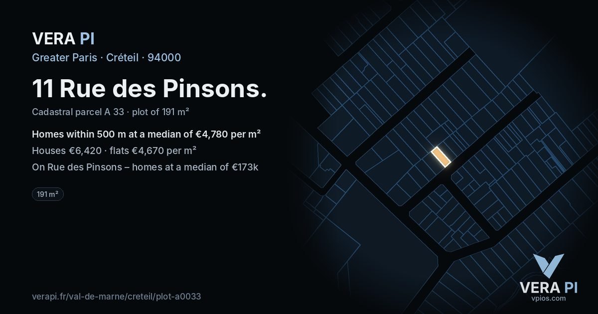 11 Rue des Pinsons, Créteil at night – the plot lit, the parcels around coloured by the prices near them