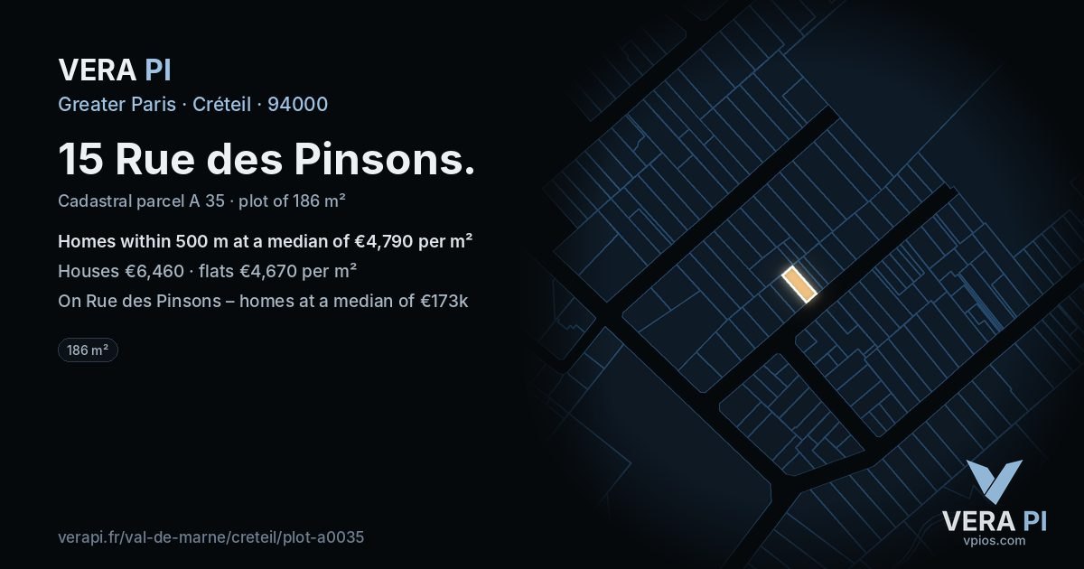 15 Rue des Pinsons, Créteil at night – the plot lit, the parcels around coloured by the prices near them