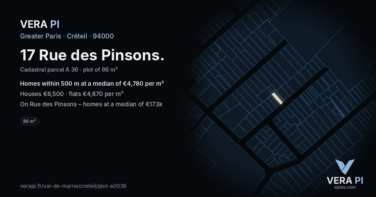 17 Rue des Pinsons, Créteil at night – the plot lit, the parcels around coloured by the prices near them
