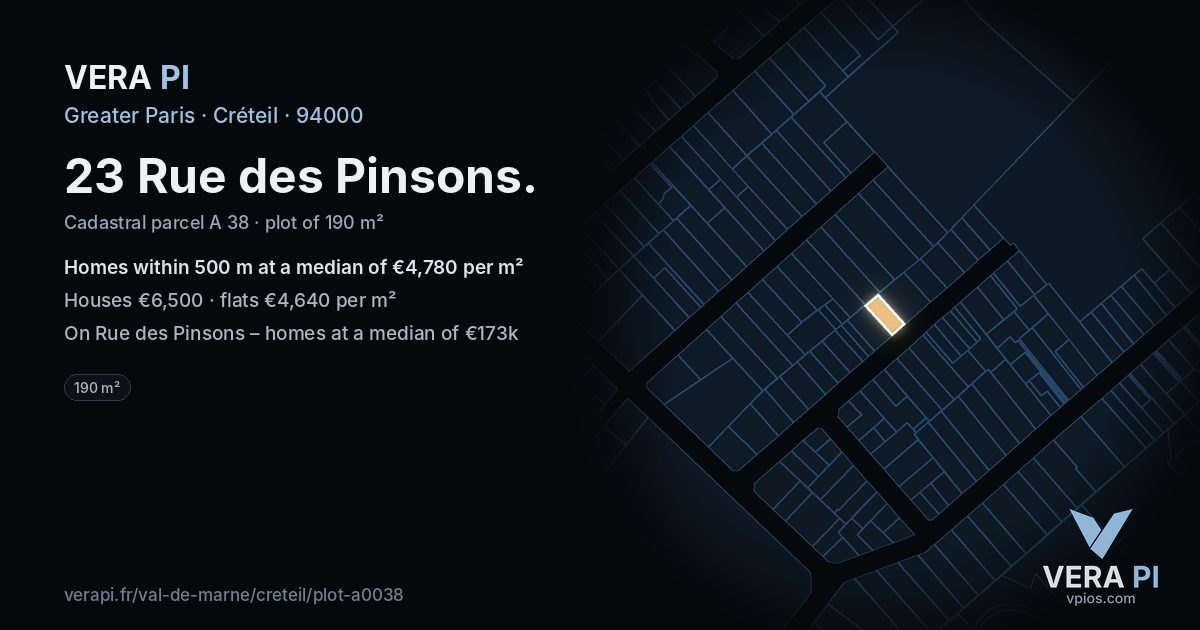 23 Rue des Pinsons, Créteil at night – the plot lit, the parcels around coloured by the prices near them
