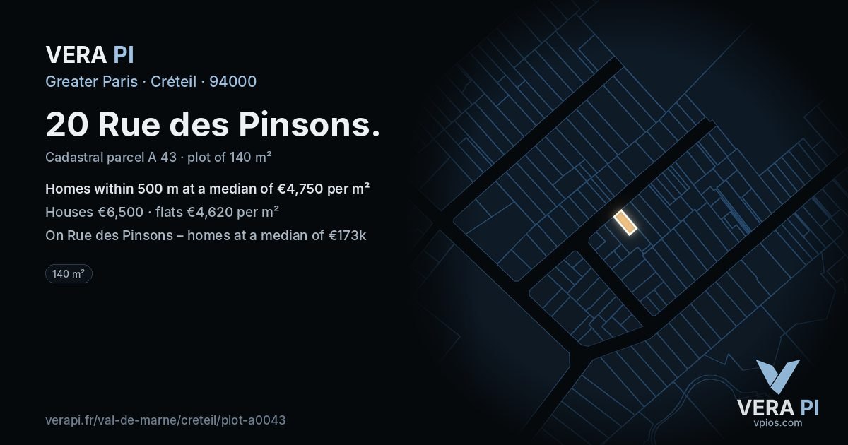 20 Rue des Pinsons, Créteil at night – the plot lit, the parcels around coloured by the prices near them