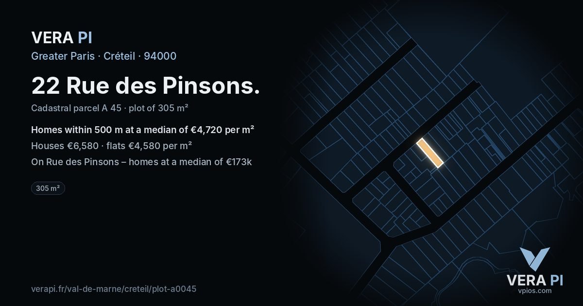 22 Rue des Pinsons, Créteil at night – the plot lit, the parcels around coloured by the prices near them