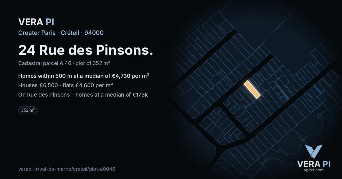 24 Rue des Pinsons, Créteil at night – the plot lit, the parcels around coloured by the prices near them