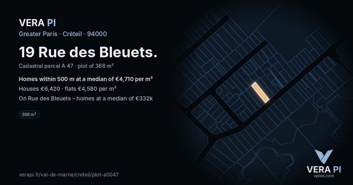 19 Rue des Bleuets, Créteil at night – the plot lit, the parcels around coloured by the prices near them