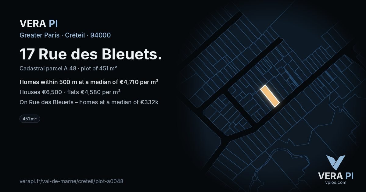17 Rue des Bleuets, Créteil at night – the plot lit, the parcels around coloured by the prices near them