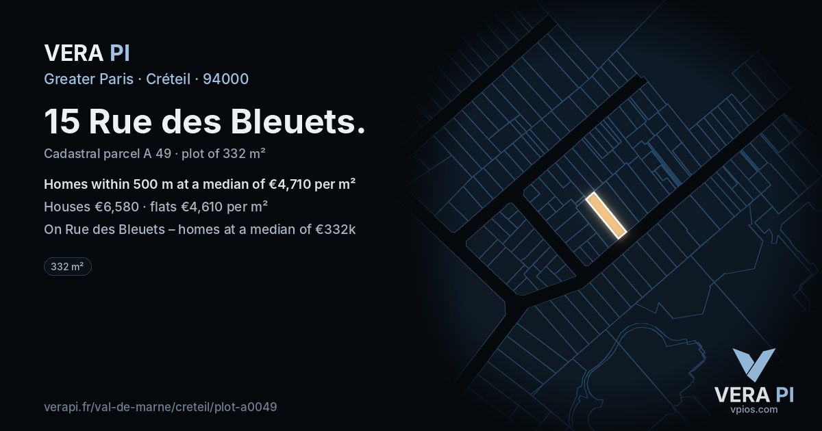 15 Rue des Bleuets, Créteil at night – the plot lit, the parcels around coloured by the prices near them