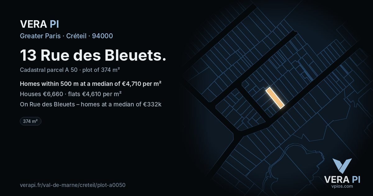 13 Rue des Bleuets, Créteil at night – the plot lit, the parcels around coloured by the prices near them