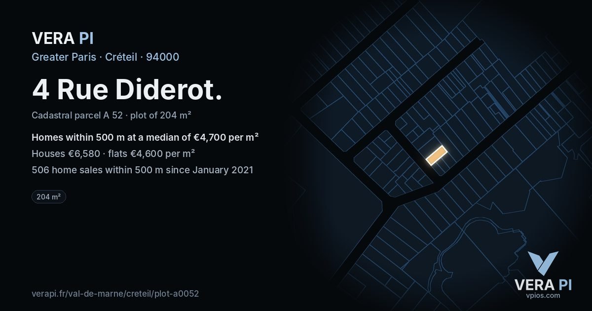 4 Rue Diderot, Créteil at night – the plot lit, the parcels around coloured by the prices near them