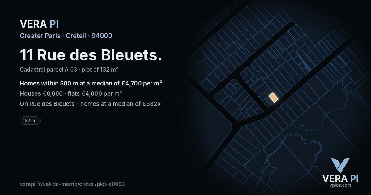 11 Rue des Bleuets, Créteil at night – the plot lit, the parcels around coloured by the prices near them