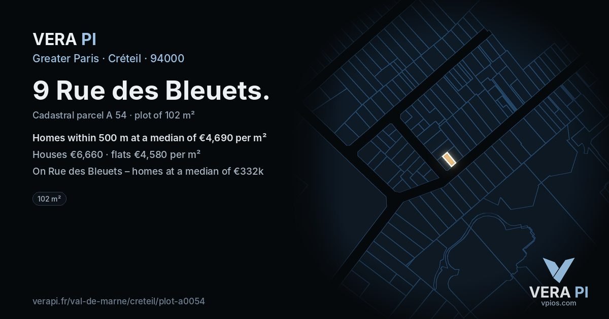 9 Rue des Bleuets, Créteil at night – the plot lit, the parcels around coloured by the prices near them