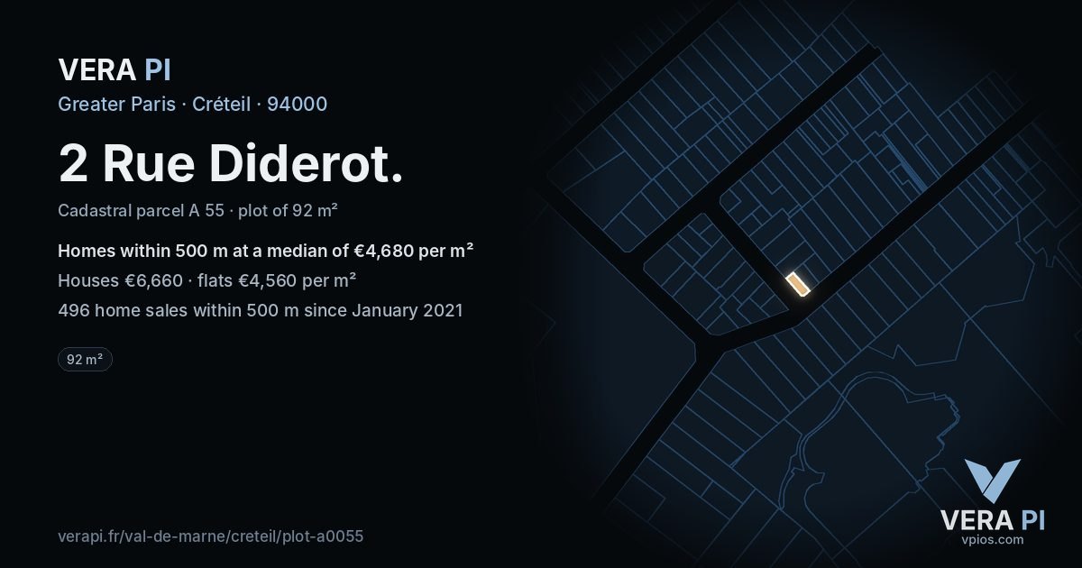 2 Rue Diderot, Créteil at night – the plot lit, the parcels around coloured by the prices near them