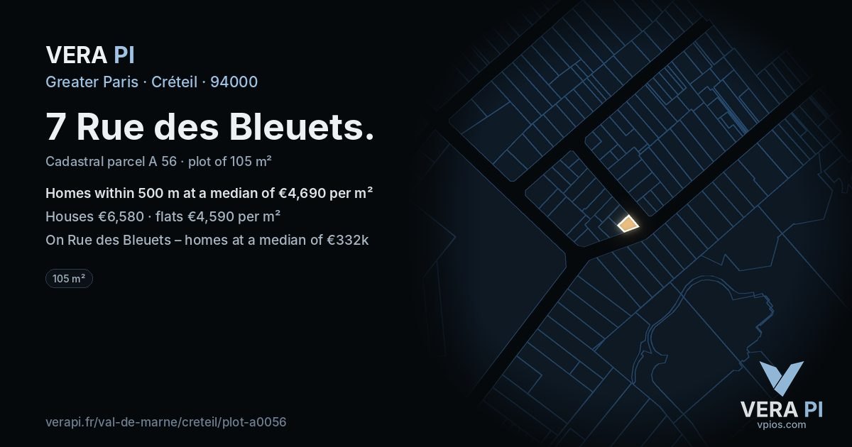 7 Rue des Bleuets, Créteil at night – the plot lit, the parcels around coloured by the prices near them