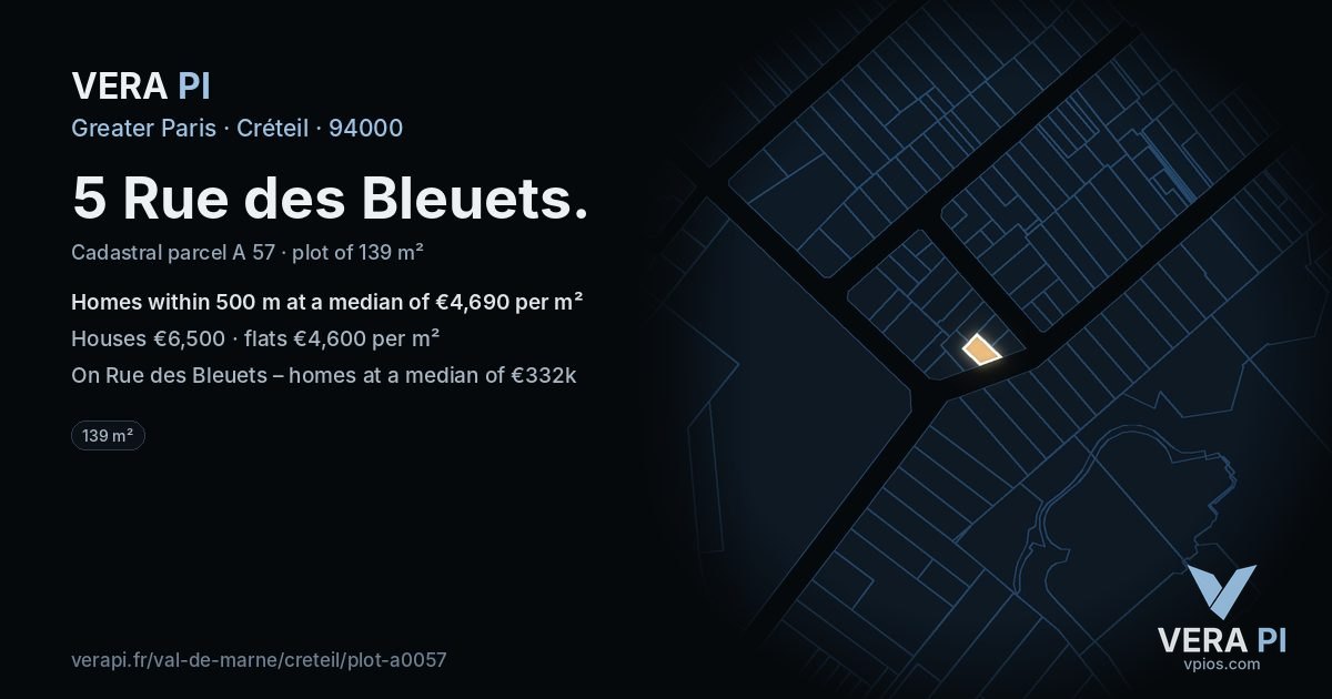 5 Rue des Bleuets, Créteil at night – the plot lit, the parcels around coloured by the prices near them
