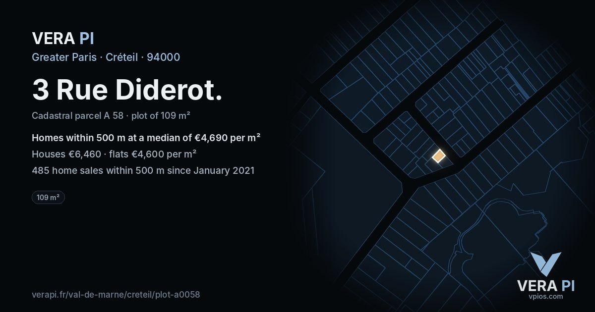 3 Rue Diderot, Créteil at night – the plot lit, the parcels around coloured by the prices near them