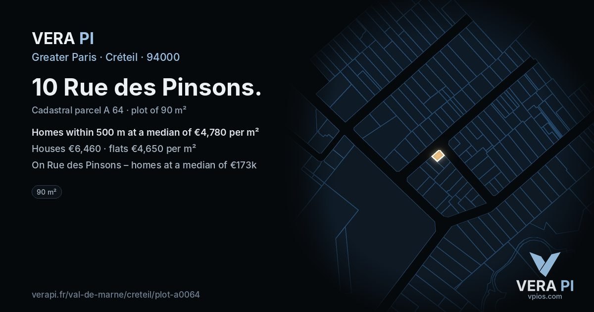10 Rue des Pinsons, Créteil at night – the plot lit, the parcels around coloured by the prices near them