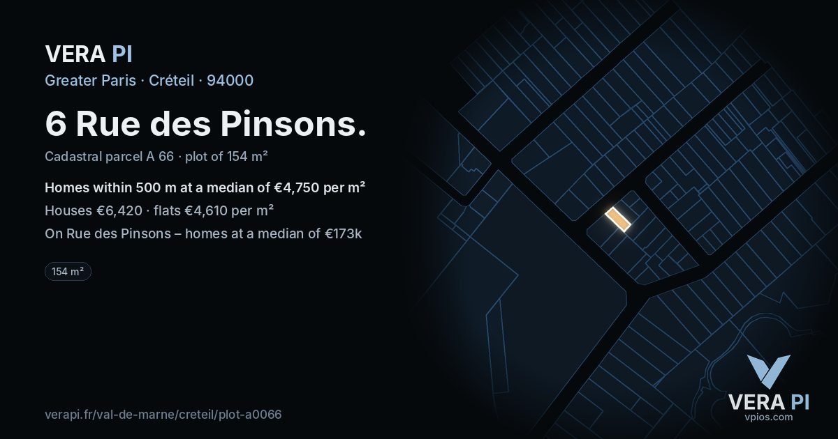 6 Rue des Pinsons, Créteil at night – the plot lit, the parcels around coloured by the prices near them