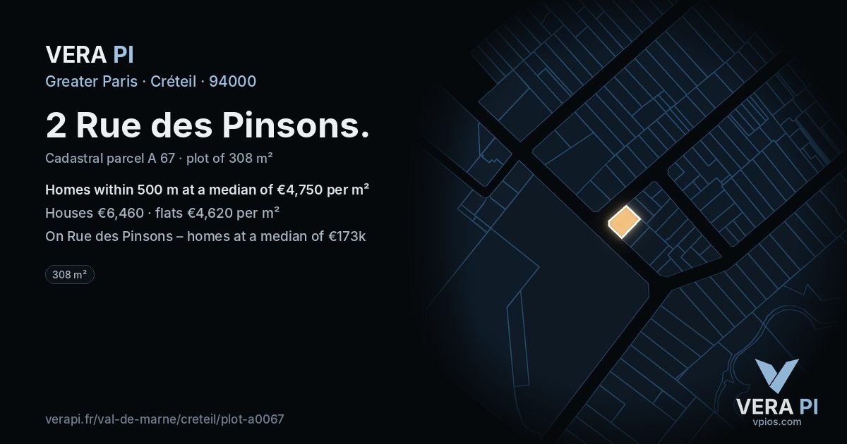 2 Rue des Pinsons, Créteil at night – the plot lit, the parcels around coloured by the prices near them