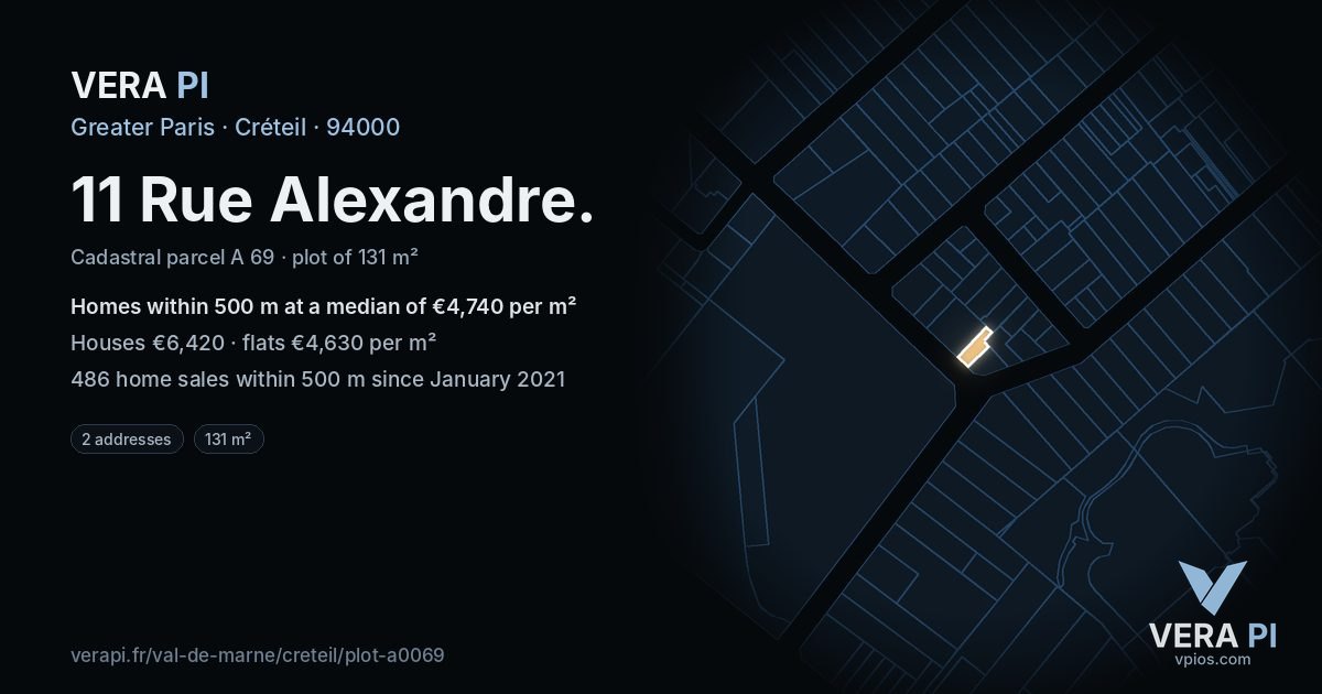 11 Rue Alexandre, Créteil at night – the plot lit, the parcels around coloured by the prices near them