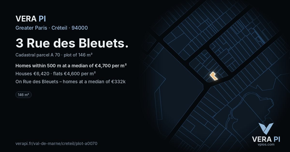 3 Rue des Bleuets, Créteil at night – the plot lit, the parcels around coloured by the prices near them