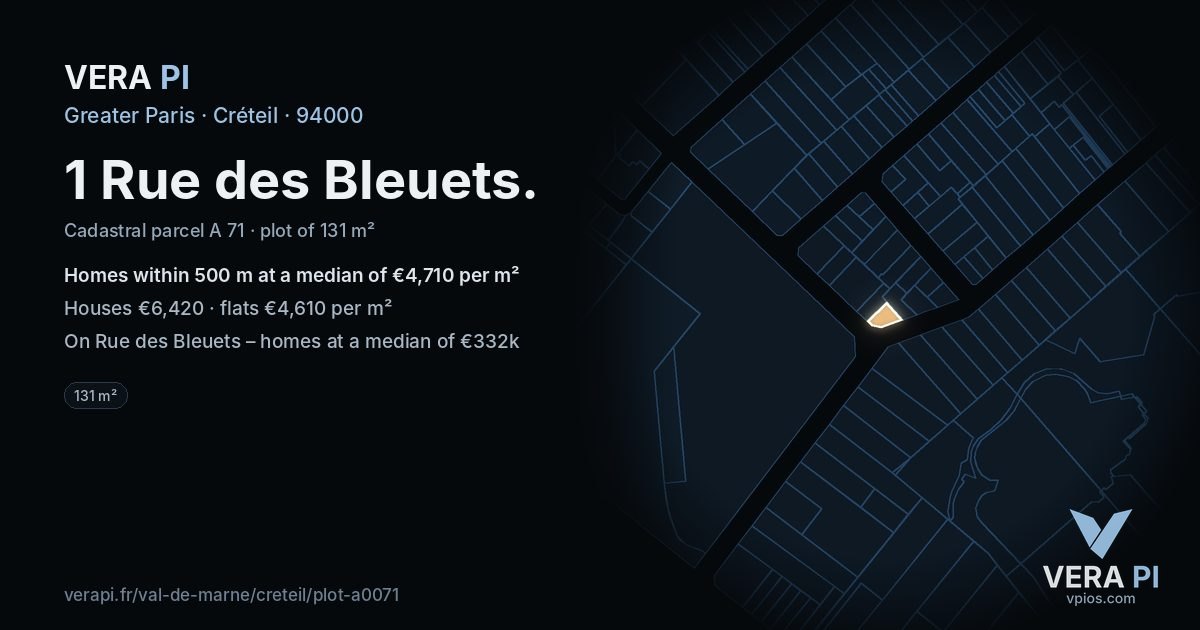 1 Rue des Bleuets, Créteil at night – the plot lit, the parcels around coloured by the prices near them