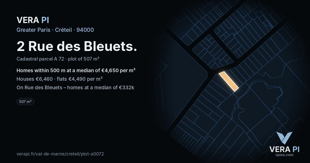 2 Rue des Bleuets, Créteil at night – the plot lit, the parcels around coloured by the prices near them