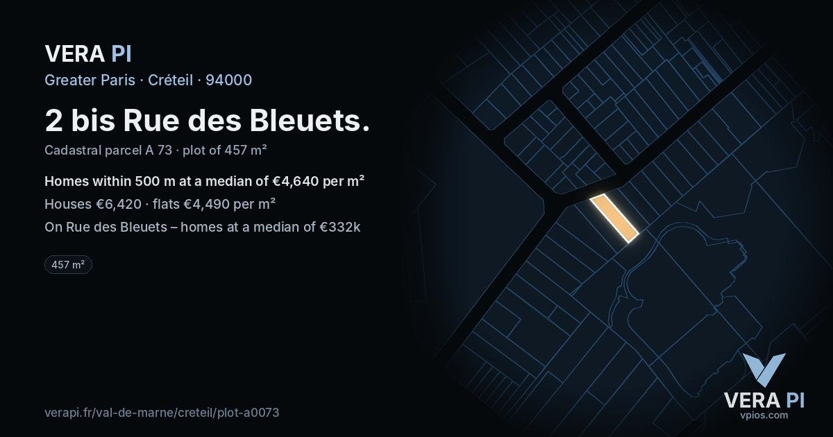 2 bis Rue des Bleuets, Créteil at night – the plot lit, the parcels around coloured by the prices near them