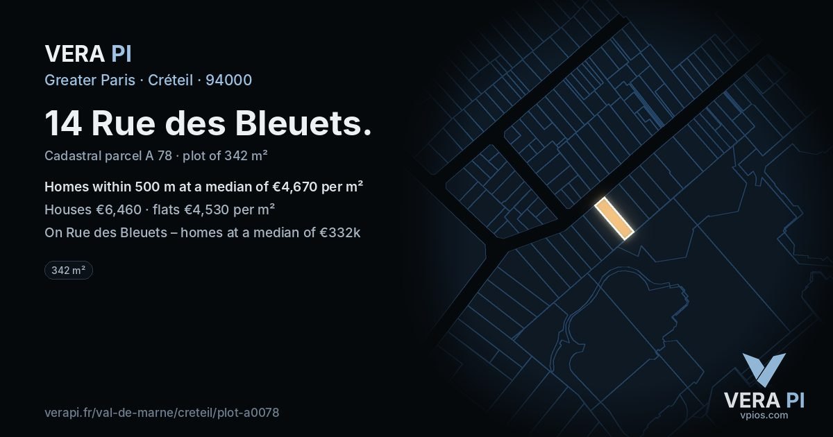 14 Rue des Bleuets, Créteil at night – the plot lit, the parcels around coloured by the prices near them