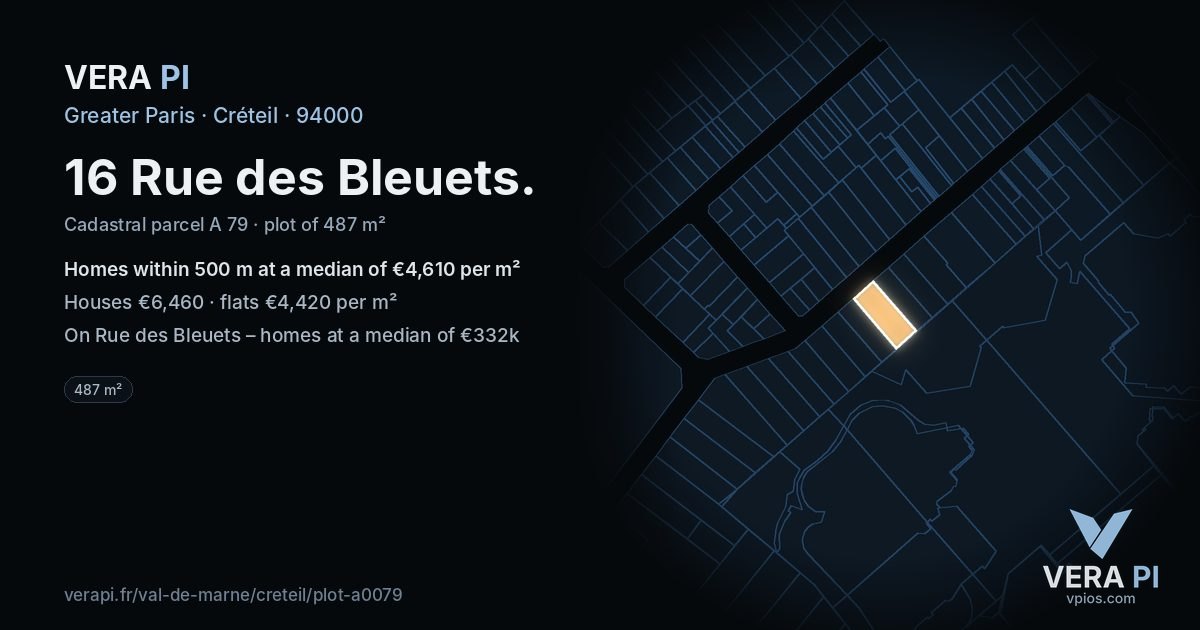 16 Rue des Bleuets, Créteil at night – the plot lit, the parcels around coloured by the prices near them