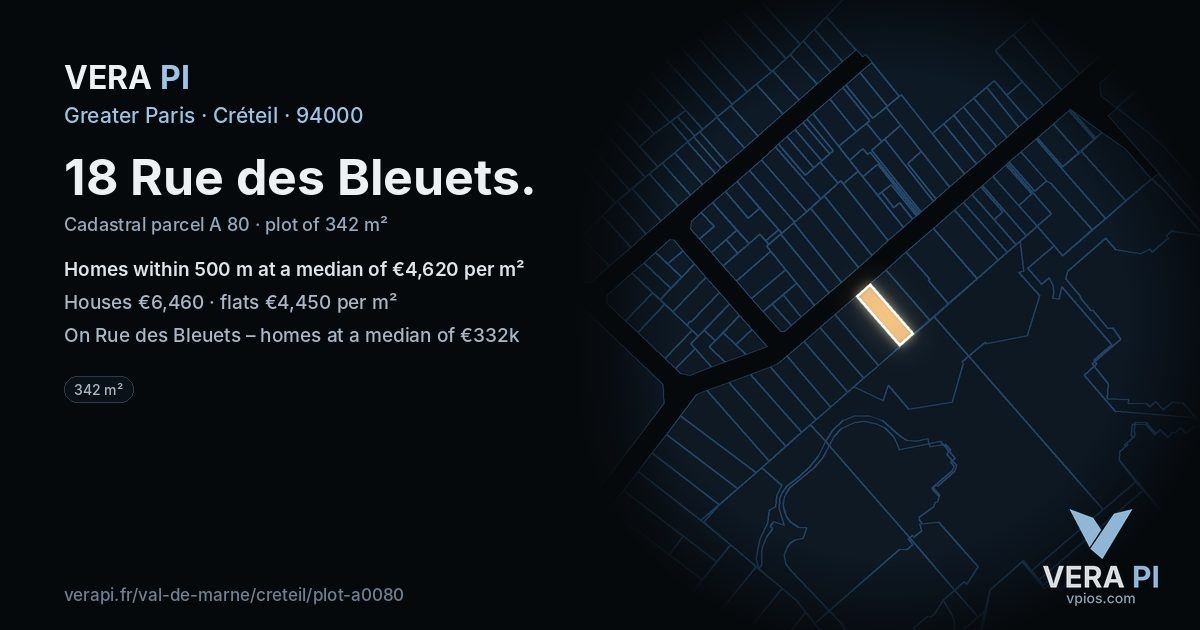 18 Rue des Bleuets, Créteil at night – the plot lit, the parcels around coloured by the prices near them
