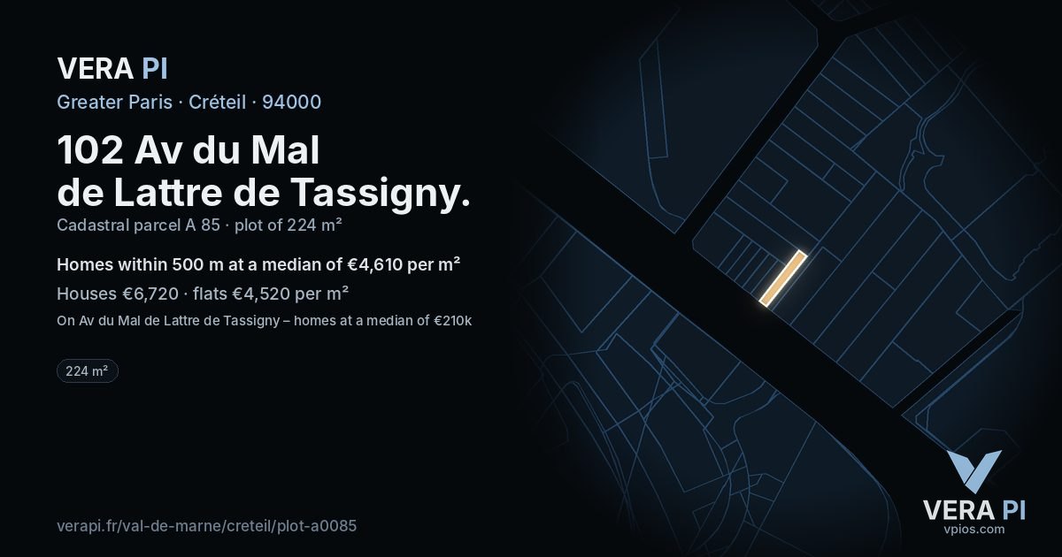 102 Av du Mal de Lattre de Tassigny, Créteil at night – the plot lit, the parcels around coloured by the prices near them