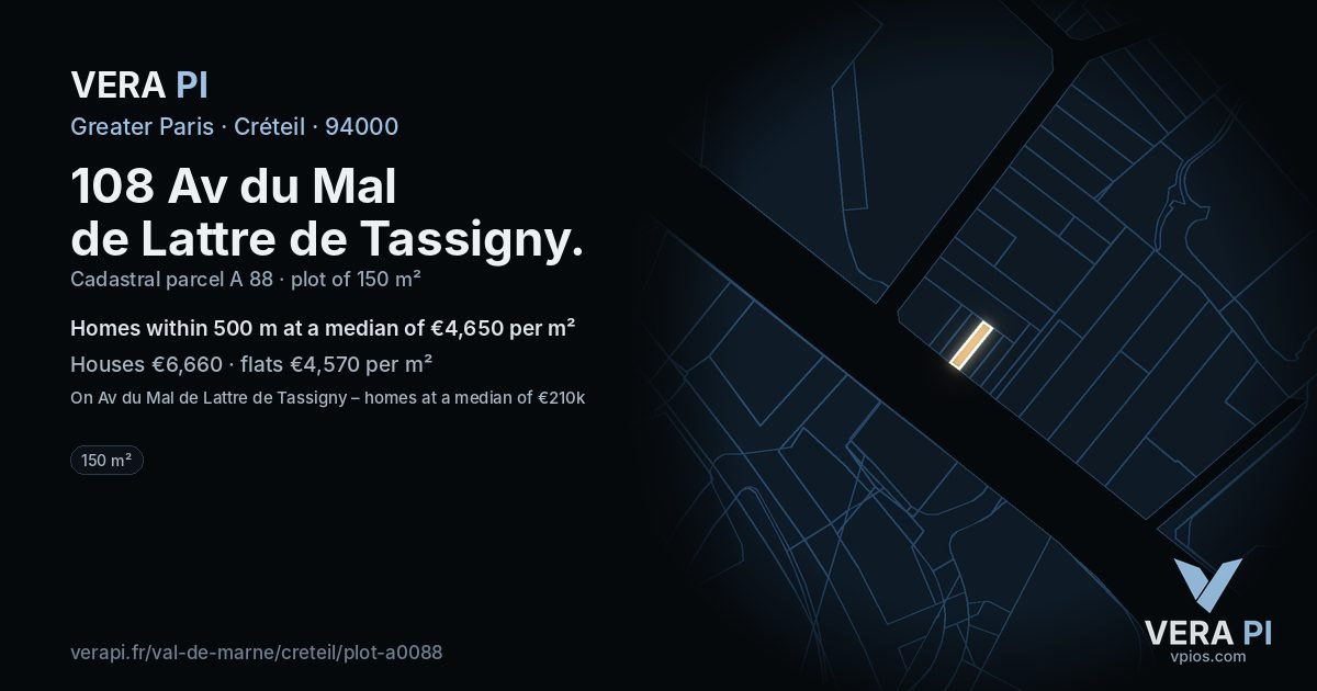 108 Av du Mal de Lattre de Tassigny, Créteil at night – the plot lit, the parcels around coloured by the prices near them