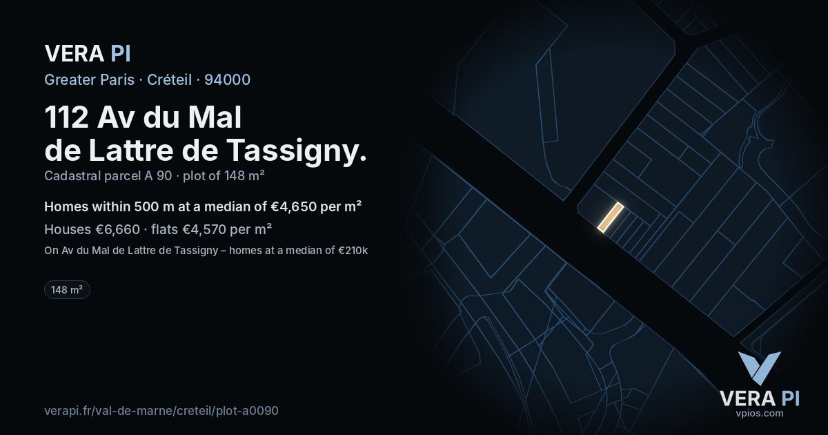 112 Av du Mal de Lattre de Tassigny, Créteil at night – the plot lit, the parcels around coloured by the prices near them