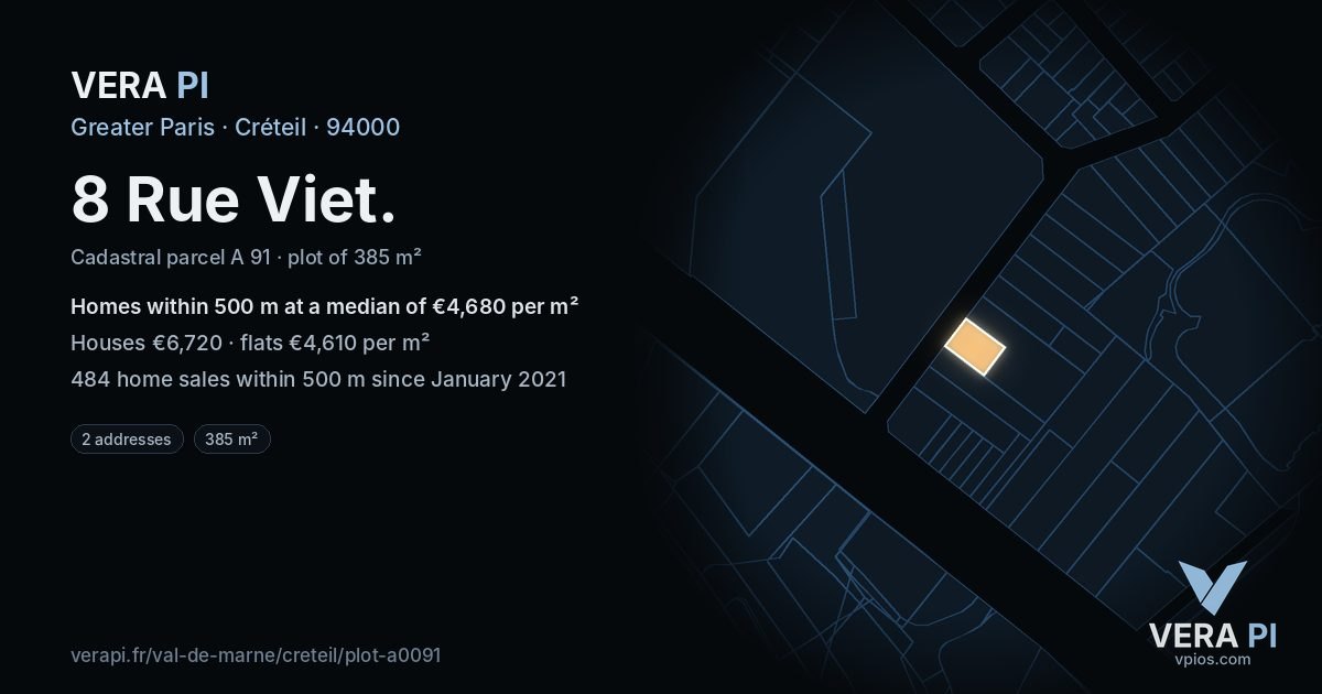 8 Rue Viet, Créteil at night – the plot lit, the parcels around coloured by the prices near them