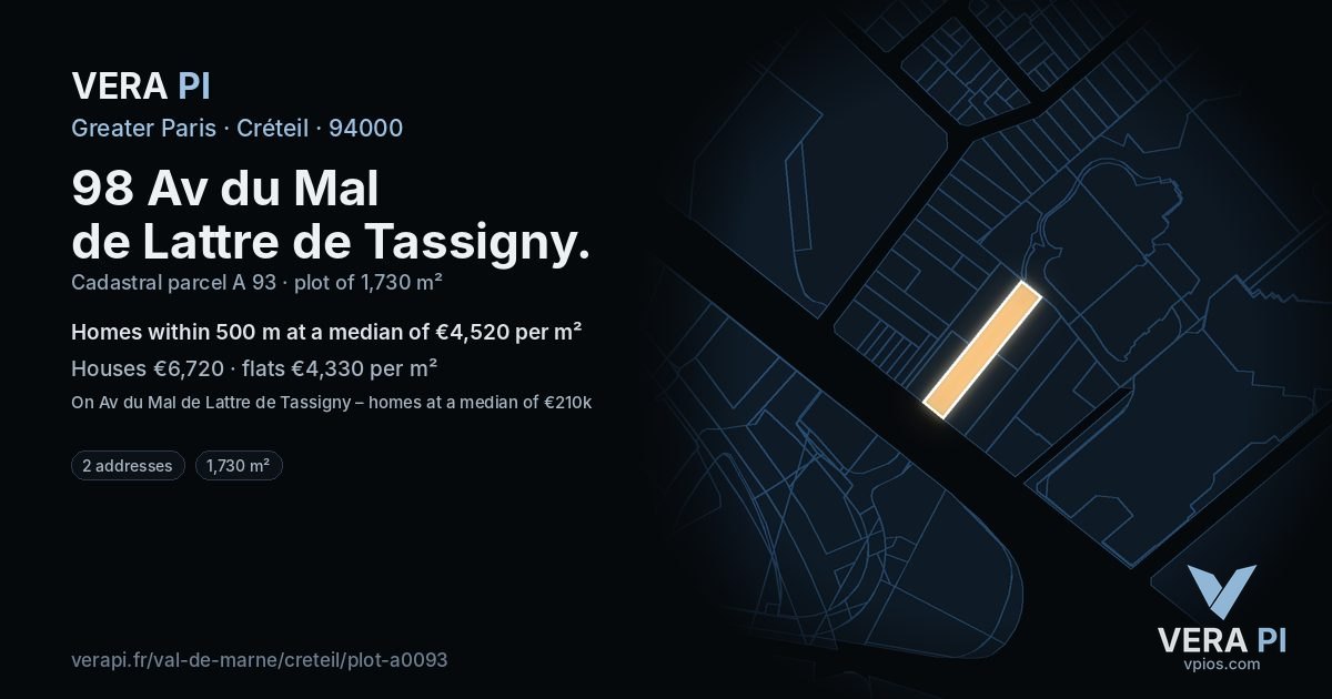 98 Av du Mal de Lattre de Tassigny, Créteil at night – the plot lit, the parcels around coloured by the prices near them